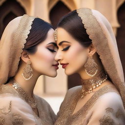 A beautiful Arabic woman with elegant attire and traditional jewelry, sharing a gentle kiss with a fair-skinned girl