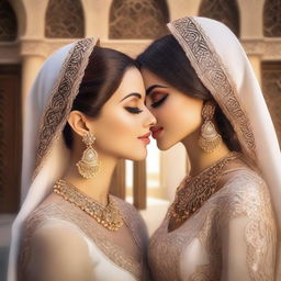 A beautiful Arabic woman with elegant attire and traditional jewelry, sharing a gentle kiss with a fair-skinned girl