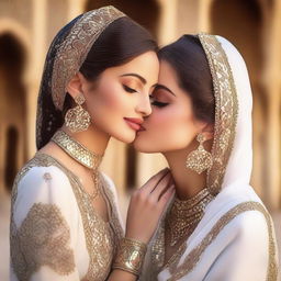 A beautiful Arabic woman with elegant attire and traditional jewelry, sharing a gentle kiss with a fair-skinned white girl