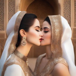 A beautiful Arabic woman with elegant attire and traditional jewelry, sharing a gentle kiss with a fair-skinned white girl