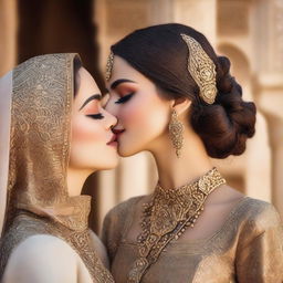 A beautiful Arabic woman with elegant attire and traditional jewelry, sharing a gentle kiss with a fair-skinned white girl