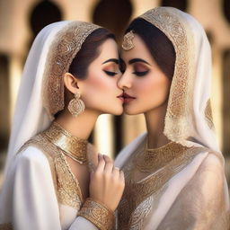 A beautiful Arabic woman with elegant attire and traditional jewelry, sharing a gentle kiss with a fair-skinned white girl