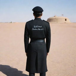 Back view of a man in a black uniform with 'Zubair' inscribed on it, standing in a desert facing an Alzarar tank.