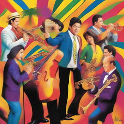 Create a vibrant and colorful montage featuring the artists Jerry Rivera, Orchestra Aragon, and Tito Nieves