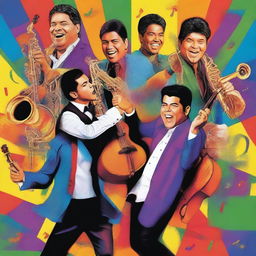 Create a vibrant and colorful montage featuring the artists Jerry Rivera, Orchestra Aragon, and Tito Nieves