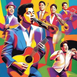 Create a vibrant and colorful montage featuring the artists Jerry Rivera, Orchestra Aragon, and Tito Nieves