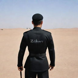 Back view of a man in a black uniform with 'Zubair' inscribed on it, standing in a desert facing an Alzarar tank.