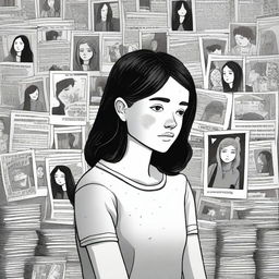 A detailed book cover illustration featuring a 15-year-old girl surrounded by missing posters with her face on them