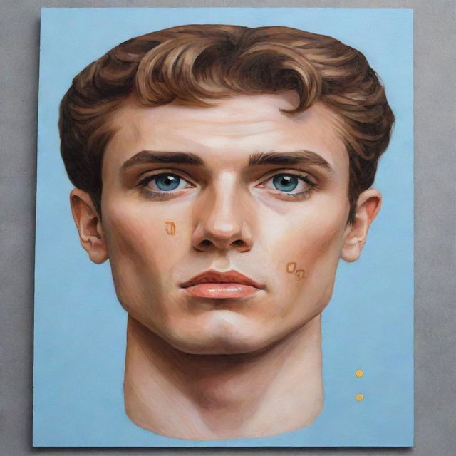 Craft an acrylic portrait representing a male Gemini, incorporating symbols or attributes related to the Gemini zodiac sign, tailored to accentuate masculine features.