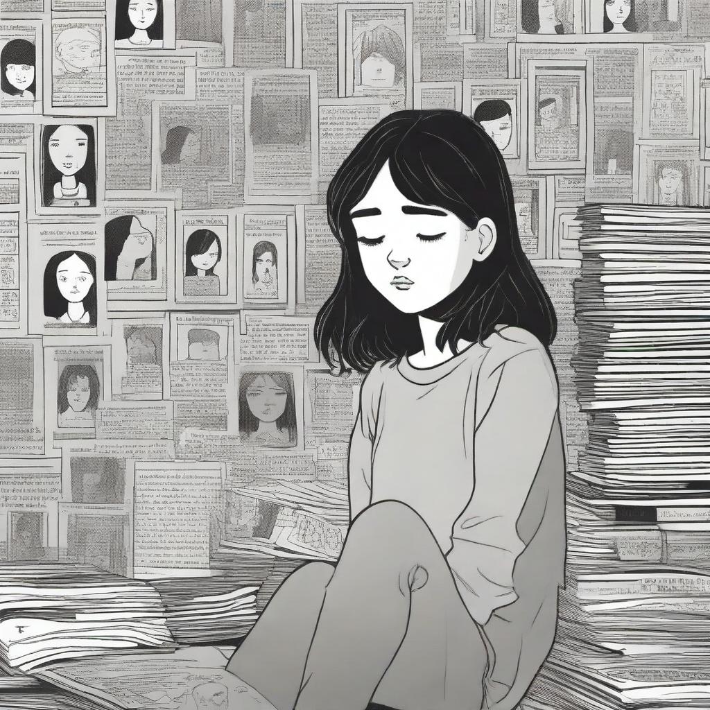 A detailed book cover illustration featuring a 15-year-old girl surrounded by missing posters with her face on them