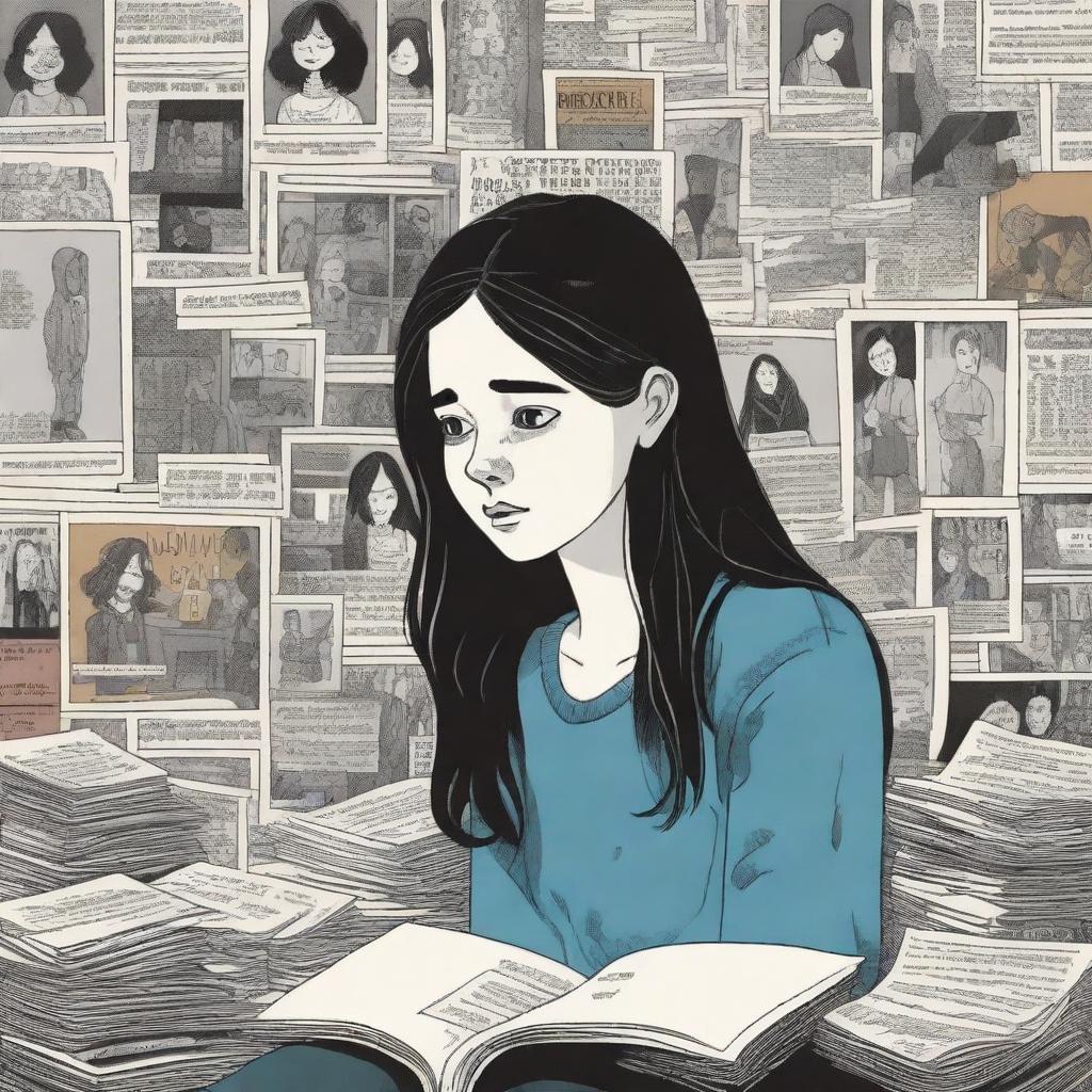 A detailed book cover illustration featuring a 15-year-old girl surrounded by missing posters with her face on them