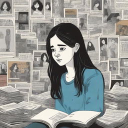 A detailed book cover illustration featuring a 15-year-old girl surrounded by missing posters with her face on them