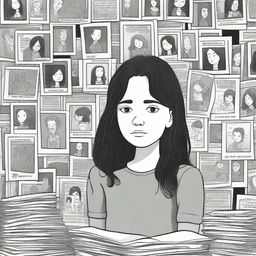 A detailed book cover illustration featuring a 15-year-old girl surrounded by missing posters with her face on them