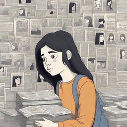 A detailed book cover illustration featuring a 15-year-old girl surrounded by missing posters with her face on them