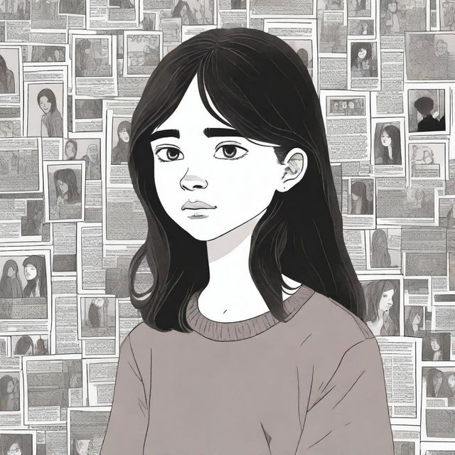 A detailed book cover illustration featuring a 15-year-old girl surrounded by missing posters with her face on them