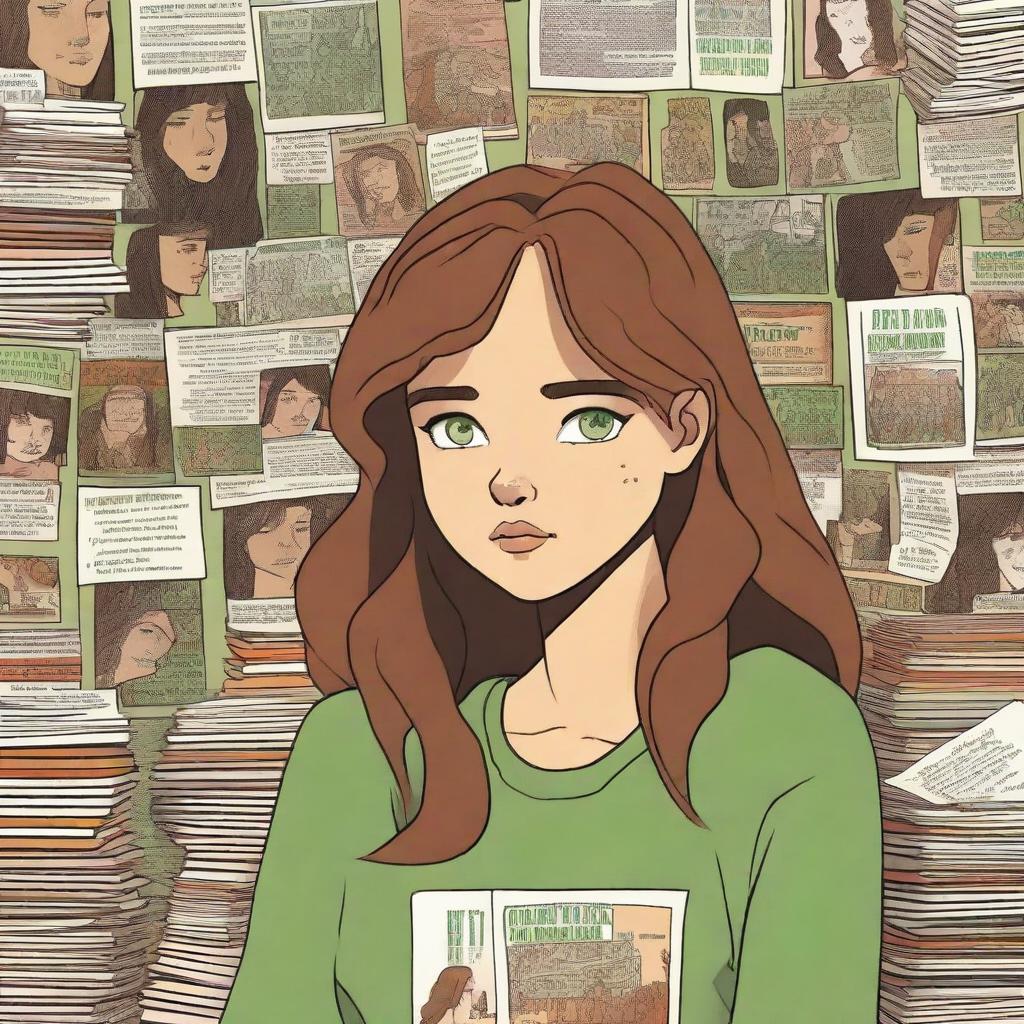 A detailed book cover illustration featuring a 15-year-old girl with caramel-colored skin, green eyes, and brown luscious hair