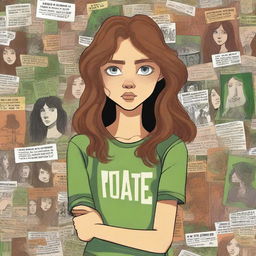 A detailed book cover illustration featuring a 15-year-old girl with caramel-colored skin, green eyes, and brown luscious hair