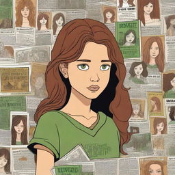 A detailed book cover illustration featuring a 15-year-old girl with caramel-colored skin, green eyes, and brown luscious hair