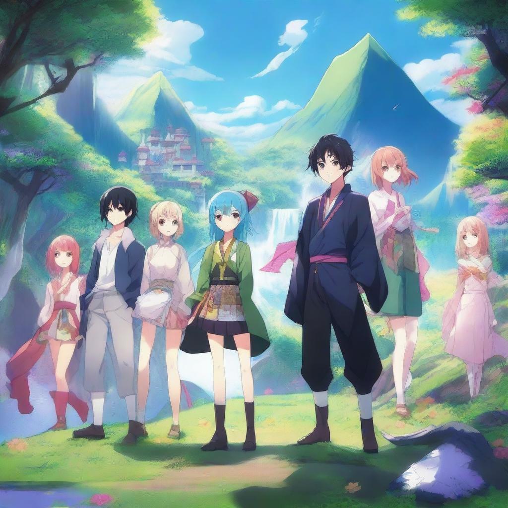 A vibrant and detailed anime scene featuring a group of characters in a fantasy world