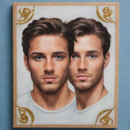 Craft an acrylic portrait representing a male Gemini, incorporating symbols or attributes related to the Gemini zodiac sign, tailored to accentuate masculine features.