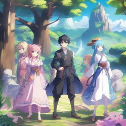 A vibrant and detailed anime scene featuring a group of characters in a fantasy world