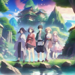 A vibrant and detailed anime scene featuring a group of characters in a fantasy world