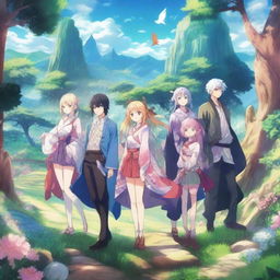 A vibrant and detailed anime scene featuring a group of characters in a fantasy world