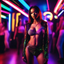 A girl standing in a dimly lit strip club, with colorful neon lights and a stage in the background