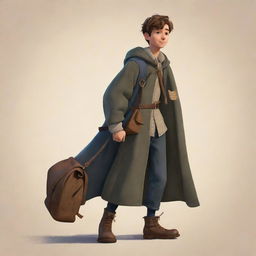 Disney-pixar style illustration of a teenage boy dressed in a medieval long coat, with a clothed bag slung over his shoulder, encapsulating the essence of his adventurous persona.