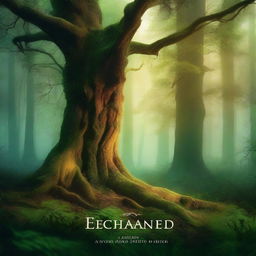 Create a captivating book cover featuring a mystical forest with towering ancient trees, a hidden pathway, and a glowing magical aura