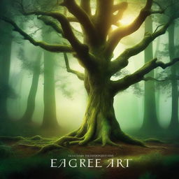 Create a captivating book cover featuring a mystical forest with towering ancient trees, a hidden pathway, and a glowing magical aura