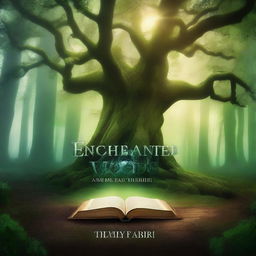 Create a captivating book cover featuring a mystical forest with towering ancient trees, a hidden pathway, and a glowing magical aura