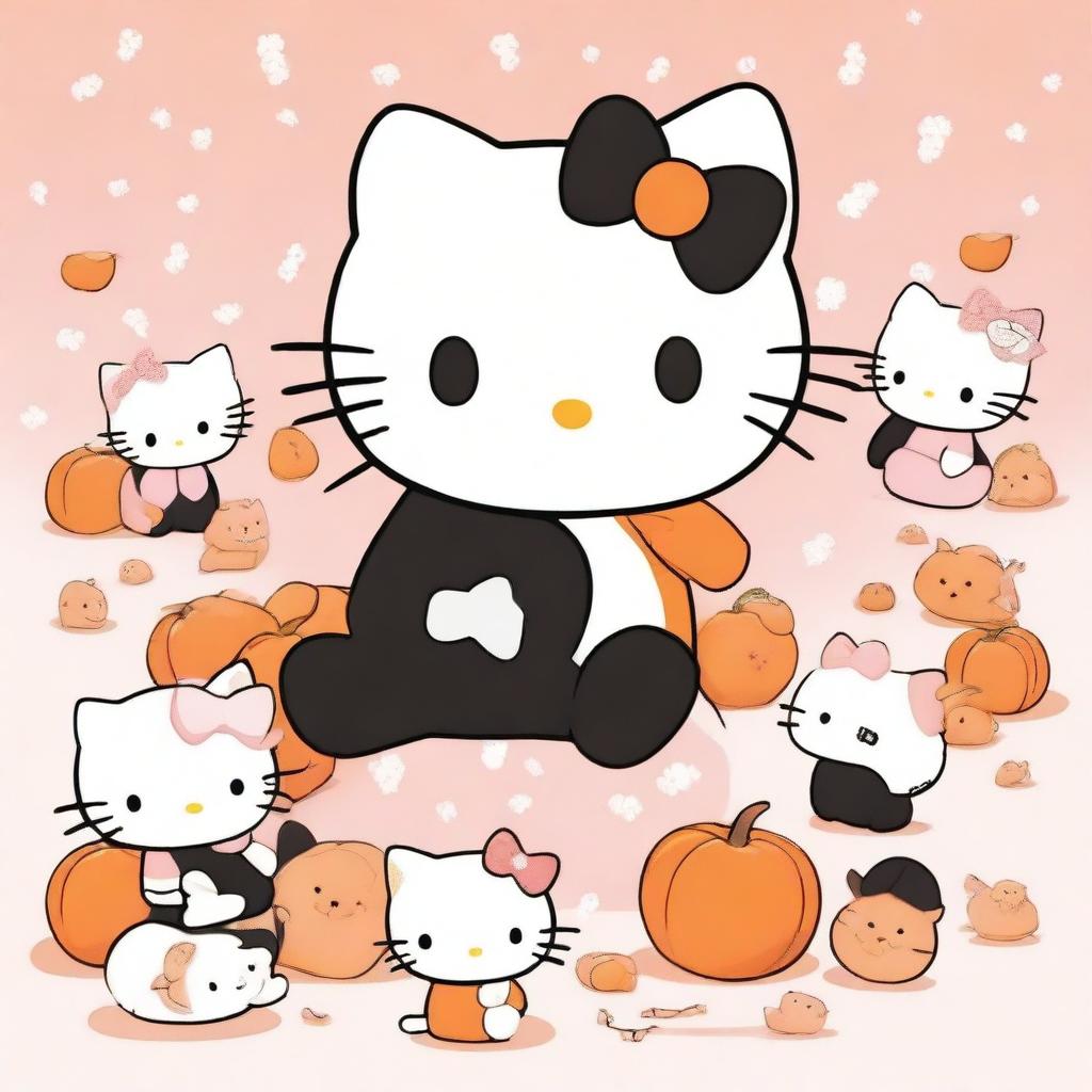 A cute image of Hello Kitty surrounded by adorable orange and black baby kittens