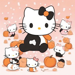 A cute image of Hello Kitty surrounded by adorable orange and black baby kittens