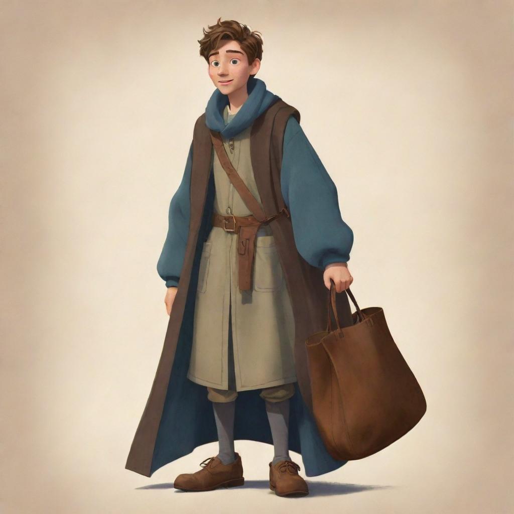 Disney-pixar style illustration of a teenage boy dressed in a medieval long coat, with a clothed bag slung over his shoulder, encapsulating the essence of his adventurous persona.