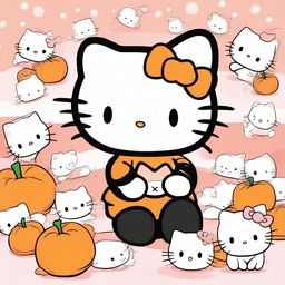 A cute image of Hello Kitty surrounded by adorable orange and black baby kittens