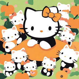 A cute image of Hello Kitty surrounded by adorable orange and black baby kittens