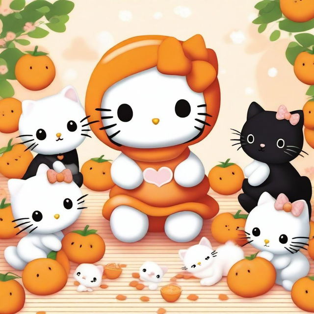 A cute image of Hello Kitty surrounded by adorable orange and black baby kittens