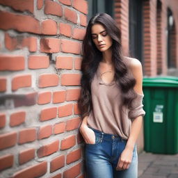 A stunning brunette model with very long wavy hair, eyes closed, leaning against a brick wall in a cobblestone alley