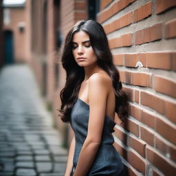 A stunning brunette model with very long wavy hair, eyes closed, leaning against a brick wall in a cobblestone alley