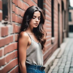 A stunning brunette model with very long wavy hair, eyes closed, leaning against a brick wall in a cobblestone alley