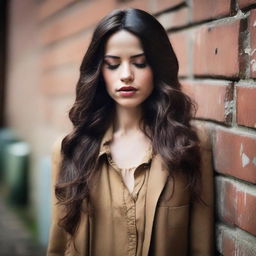 A stunning brunette model with very long wavy hair, eyes closed, leaning against a brick wall in a cobblestone alley