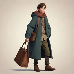 Disney-pixar style illustration of a teenage boy dressed in a medieval long coat, with a clothed bag slung over his shoulder, encapsulating the essence of his adventurous persona.