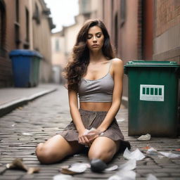 A stunning brunette model with very long wavy hair, eyes closed, lying on the ground in a cobblestone alley