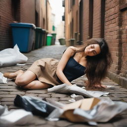 A stunning brunette model with very long wavy hair, eyes closed, lying on the ground in a cobblestone alley