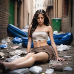 A stunning brunette model with very long wavy hair, eyes closed, lying on her back on the ground in a dirty cobblestone alley