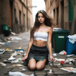 A stunning brunette model with very long wavy hair, eyes closed, lying on her back on the ground in a dirty cobblestone alley