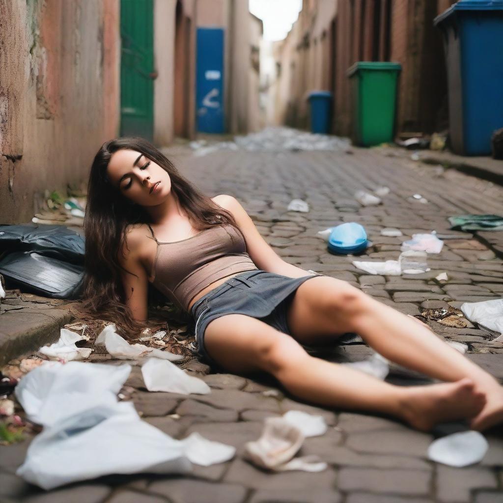 A stunning brunette model with very long wavy hair, eyes closed, lying on her back on the ground in a dirty cobblestone alley