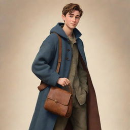 Disney-pixar style illustration of a teenage boy dressed in a medieval long coat, with a clothed bag slung over his shoulder, encapsulating the essence of his adventurous persona.