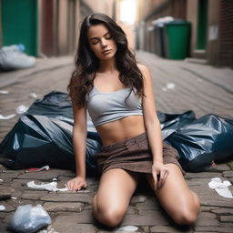 A stunning brunette model with very long wavy hair, eyes closed, lying on her back on the ground in a dirty cobblestone alley